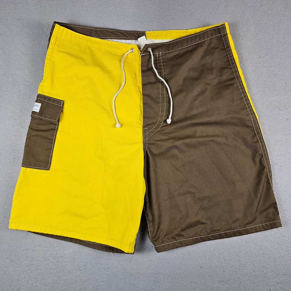 Vintage Kanvas by Katin Board Shorts Mens 34 Yellow Brown Colorblock 80s Cotton